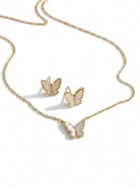 Gold Butterfly Pendant Necklace and Stud Earrings Set